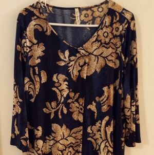 BOOM BOOM Women's 3/4 Sleeve Tunic Top Indigo Blue and Gold. Size 2XL.